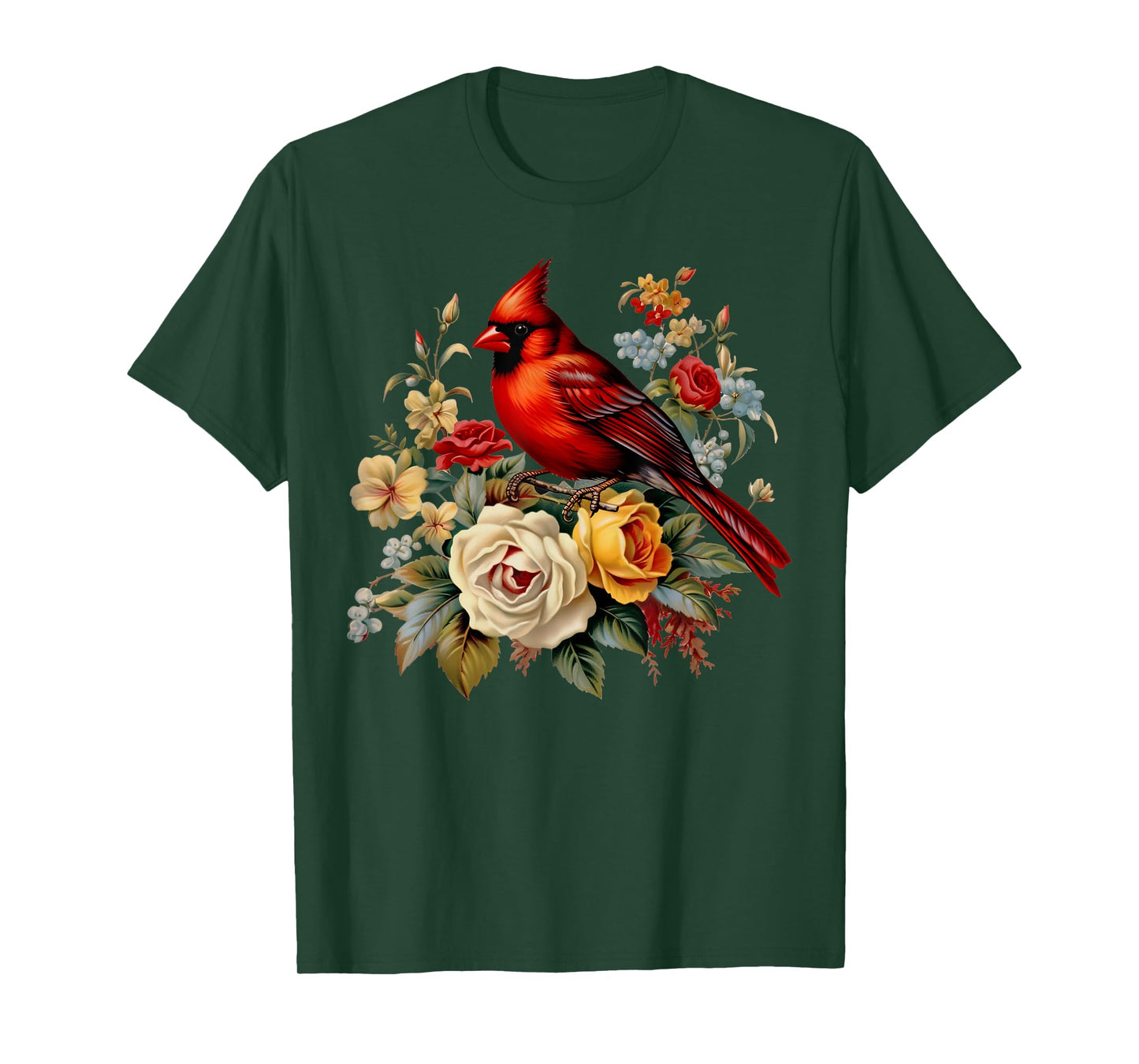 Red Cardinal Bird Roses Floral Nature Bird Watching T-Shirt