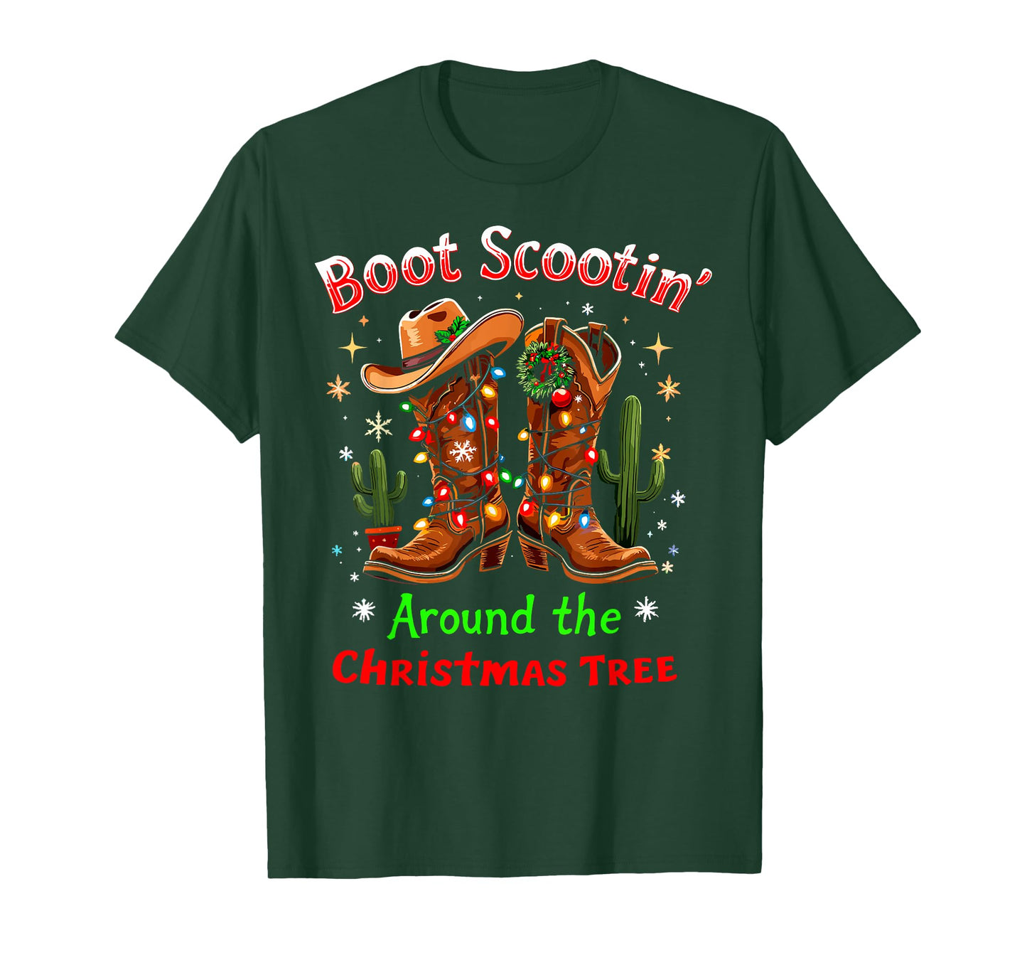 Funny Christmas New Year Xmas Party Christmas Eve Boot Scootin' Around the Christmas Tree Lights Cowboy Tee T-Shirt - Black, Small, Short Sleeve, Crew Neck, Western Style, Casual, Unisex-Adults/Kids