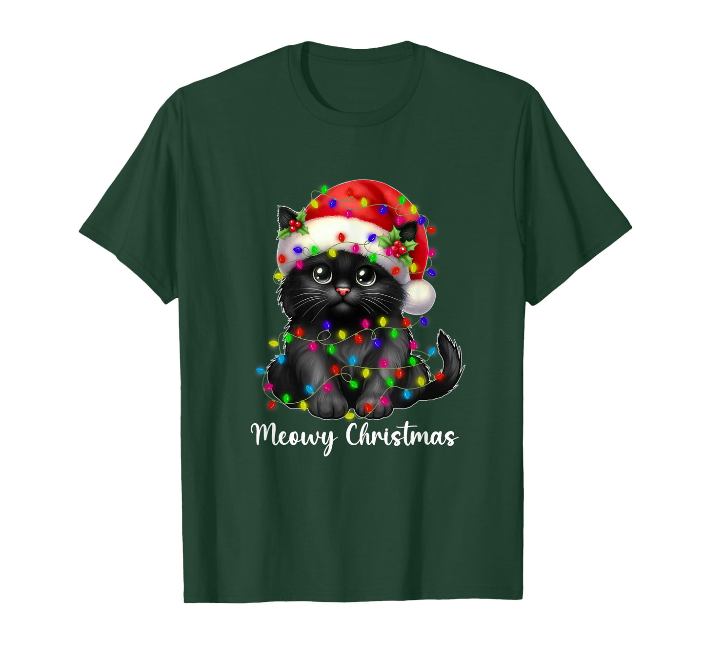 Meowy Christmas Lights Funny Family Black Cat Xmas Matching T-Shirt