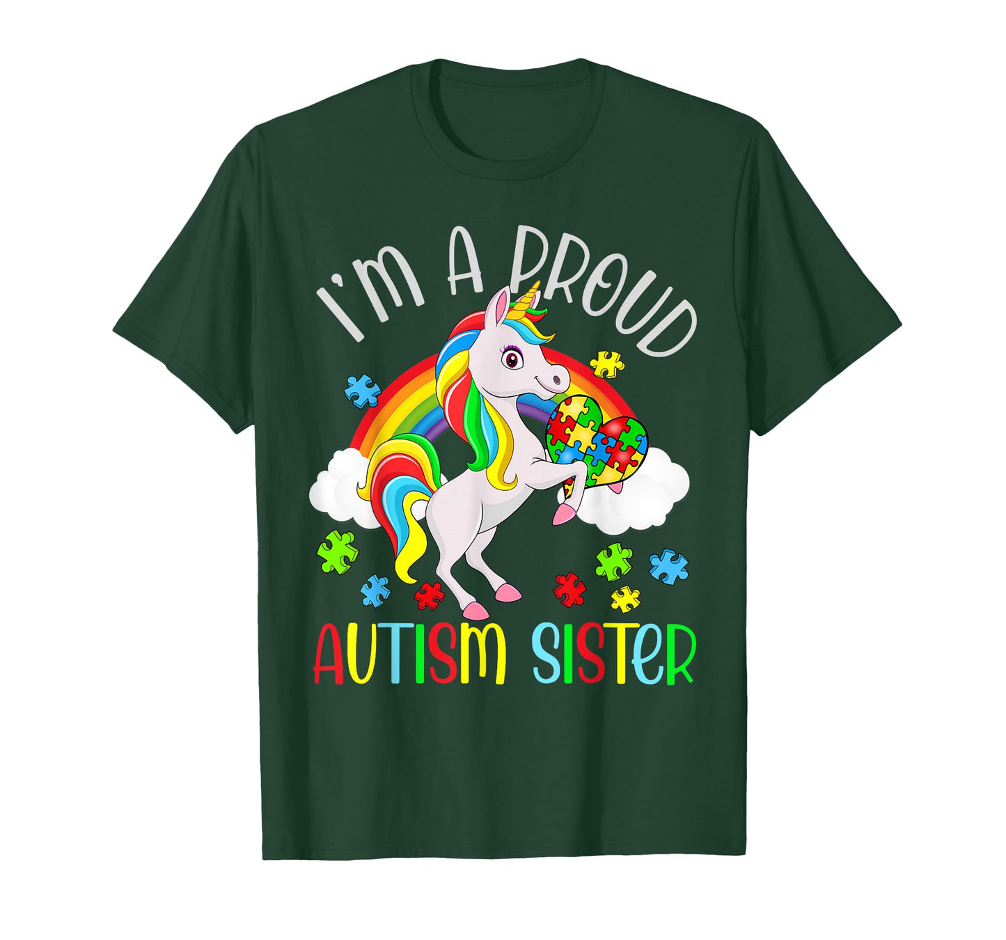 Proud Sister Autism Awareness Cute Unicorn Puzzle Piece T-Shirt