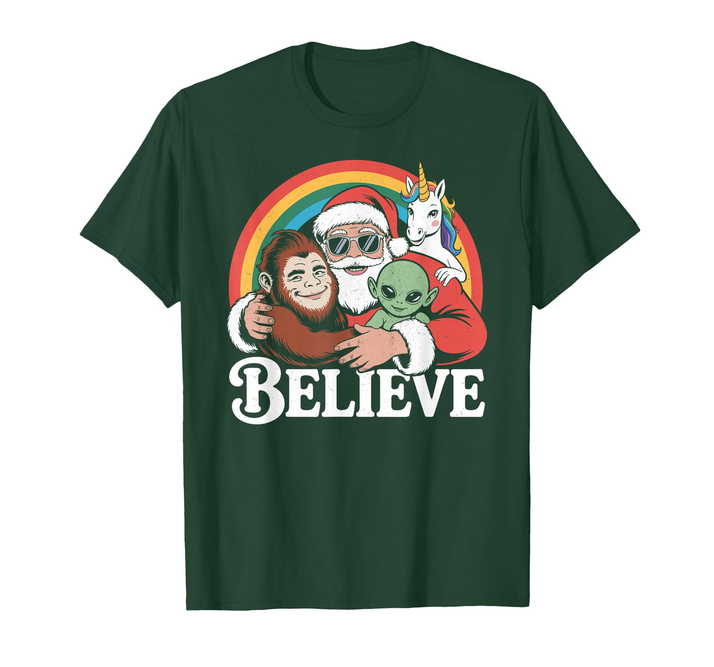 Believe Santa Bigfoot Alien Unicorn Funny Christmas T-Shirt