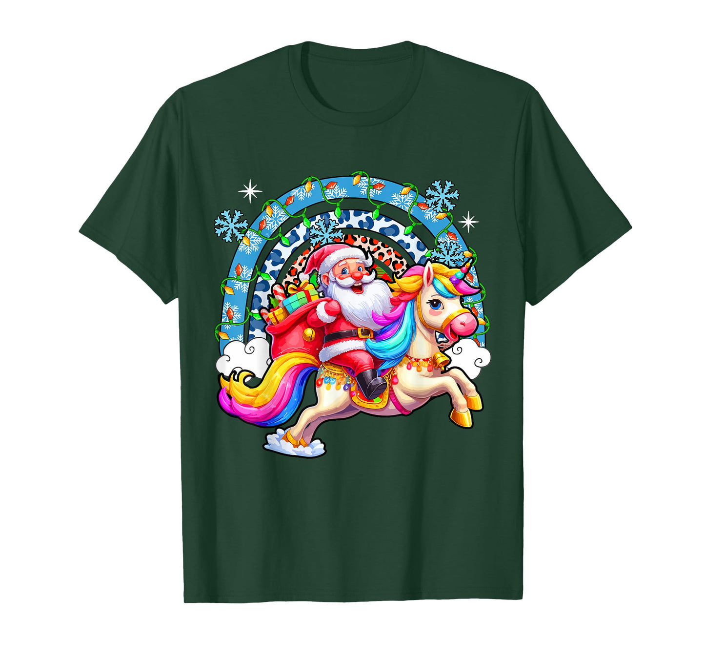 Santa Riding Colourful Unicorn Christmas Rainbow Xmas Lights T-Shirt
