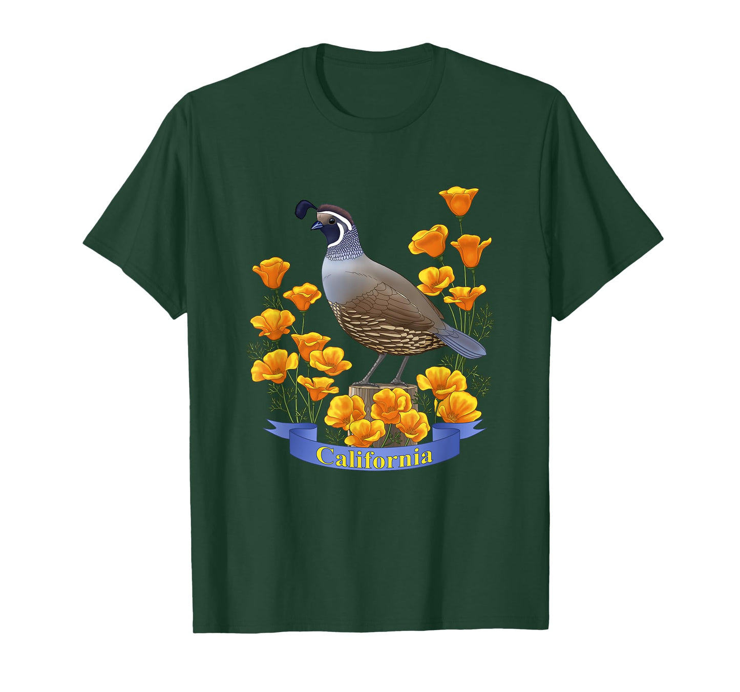California Valley Quail State Bird & Golden Poppy Flowers T-Shirt