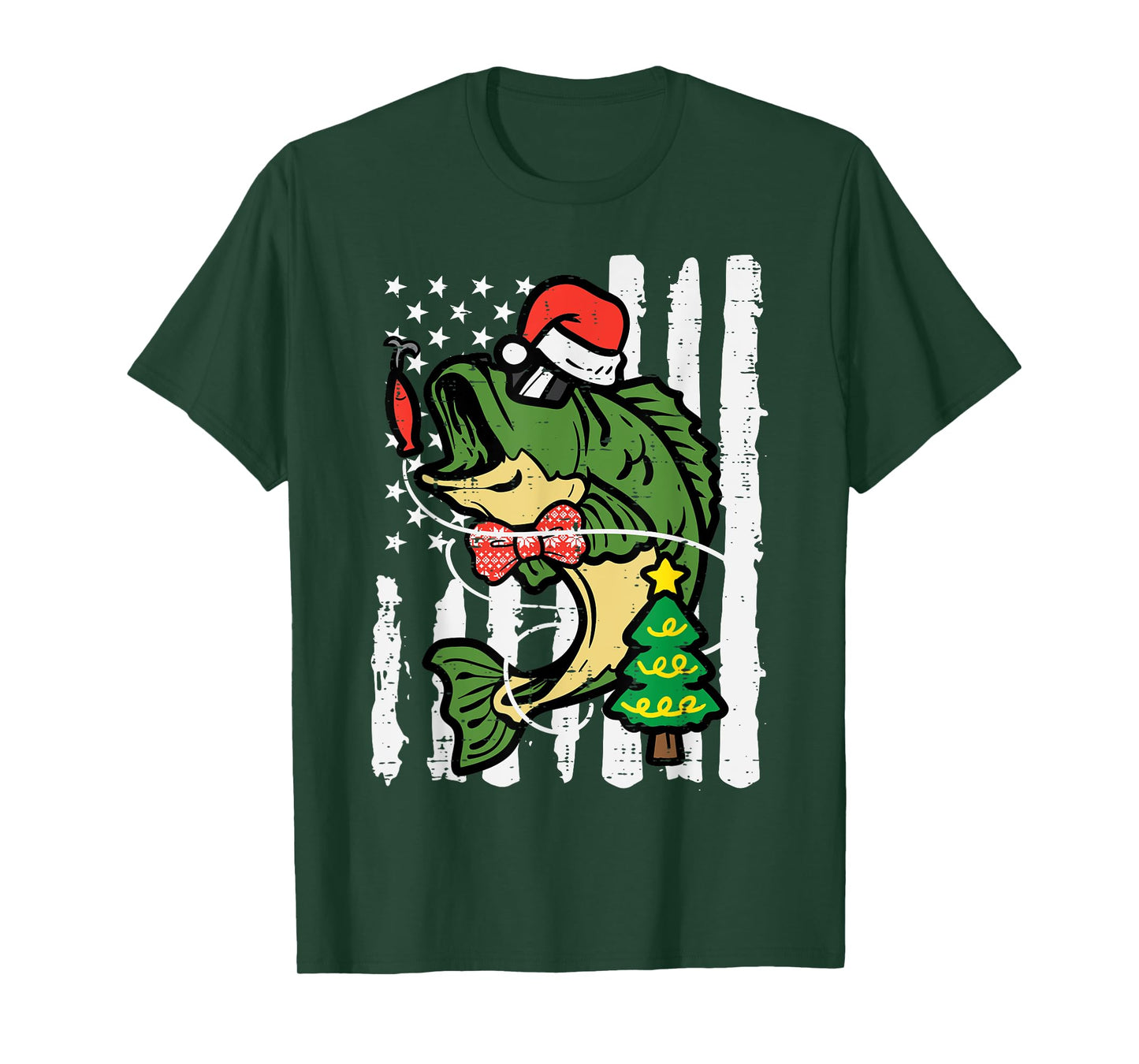 Christmas Bass Fish US Flag Xmas Patriot Men Boys Kids Women T-Shirt