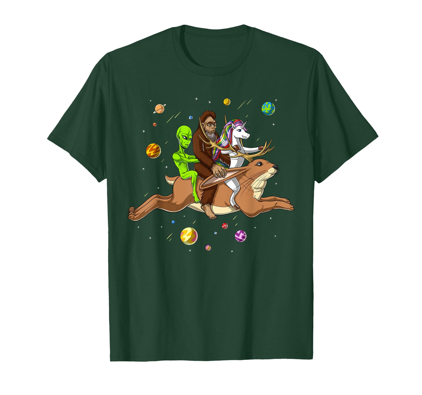 Space Alien Bigfoot Unicorn Riding Jackalope Cryptozoology T-Shirt