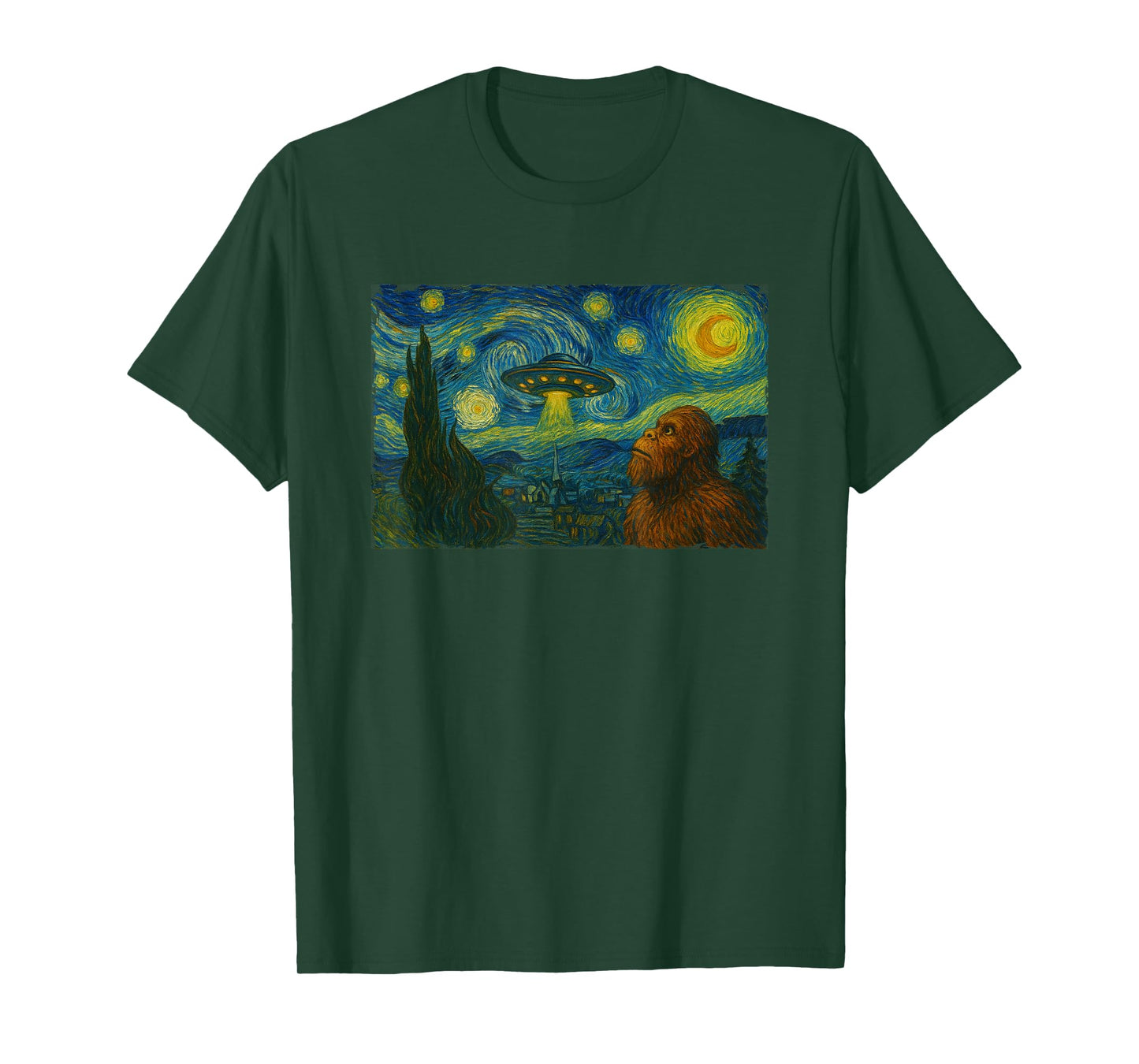 Starry Night UFO Bigfoot Funny Sci-Fi Van Gogh Painting T-Shirt