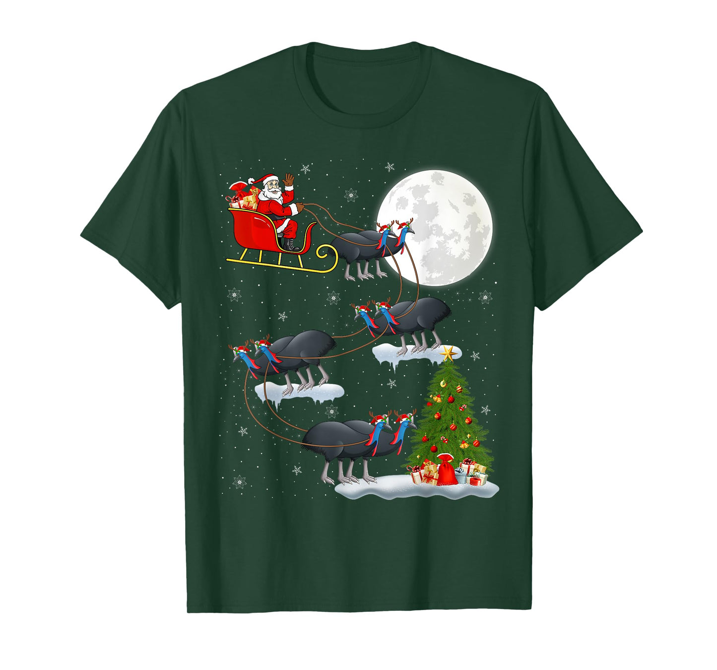 Funny Xmas Lighting Tree Santa Riding Cassowary Christmas T-Shirt