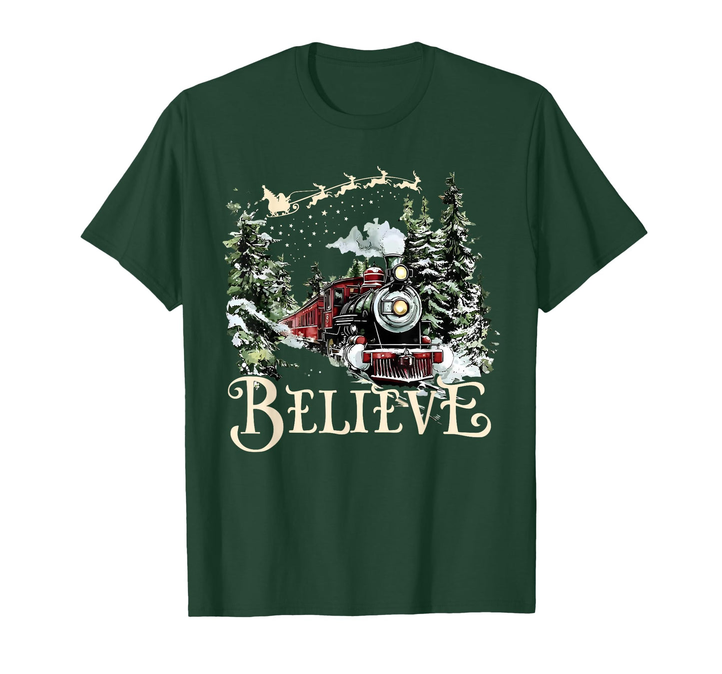 Believe Christmas Trains Xmas Santa Family Pajamas Holiday T-Shirt