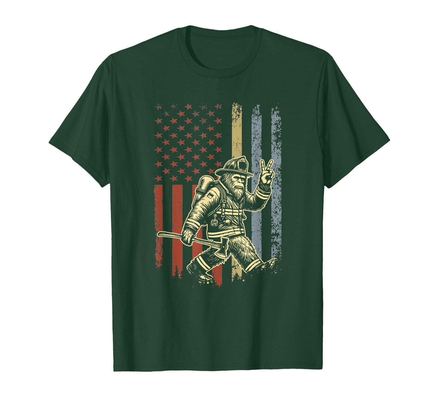 Retro American Flag Bigfoot Firefighter Sasquatch Fireman T-Shirt