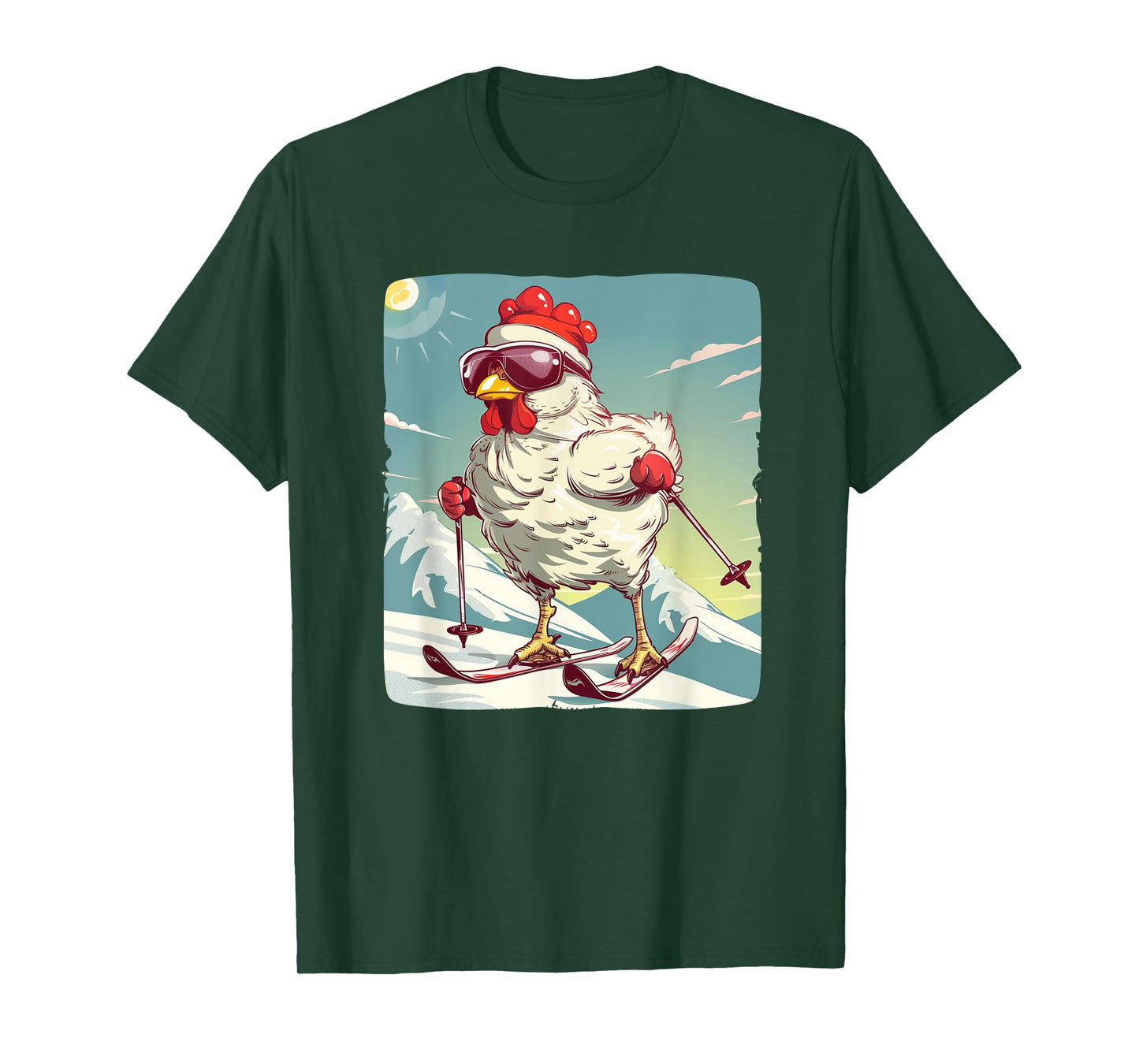 Funny Winter Chicken with Cross-country skiing Shoes Outfit T-Shirt