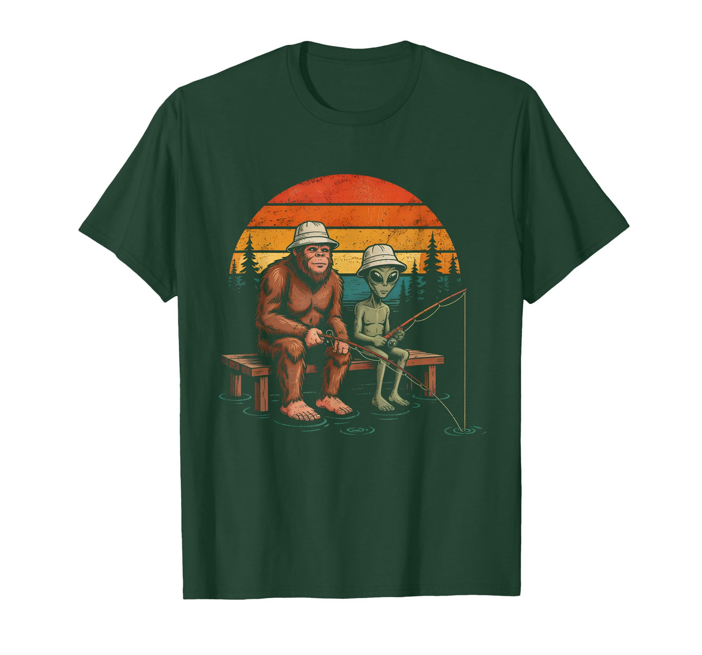 Funny Alien and Sasquatch Bigfoot Fishing Fisherman Men Boys T-Shirt