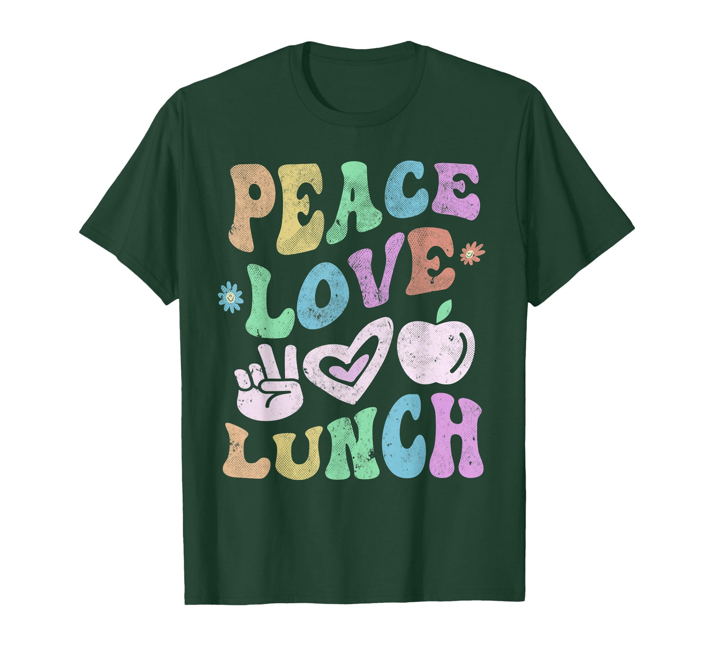 Vintage PEACE LOVE LUNCH LADY Retro Cafeteria Groovy Crew T-Shirt