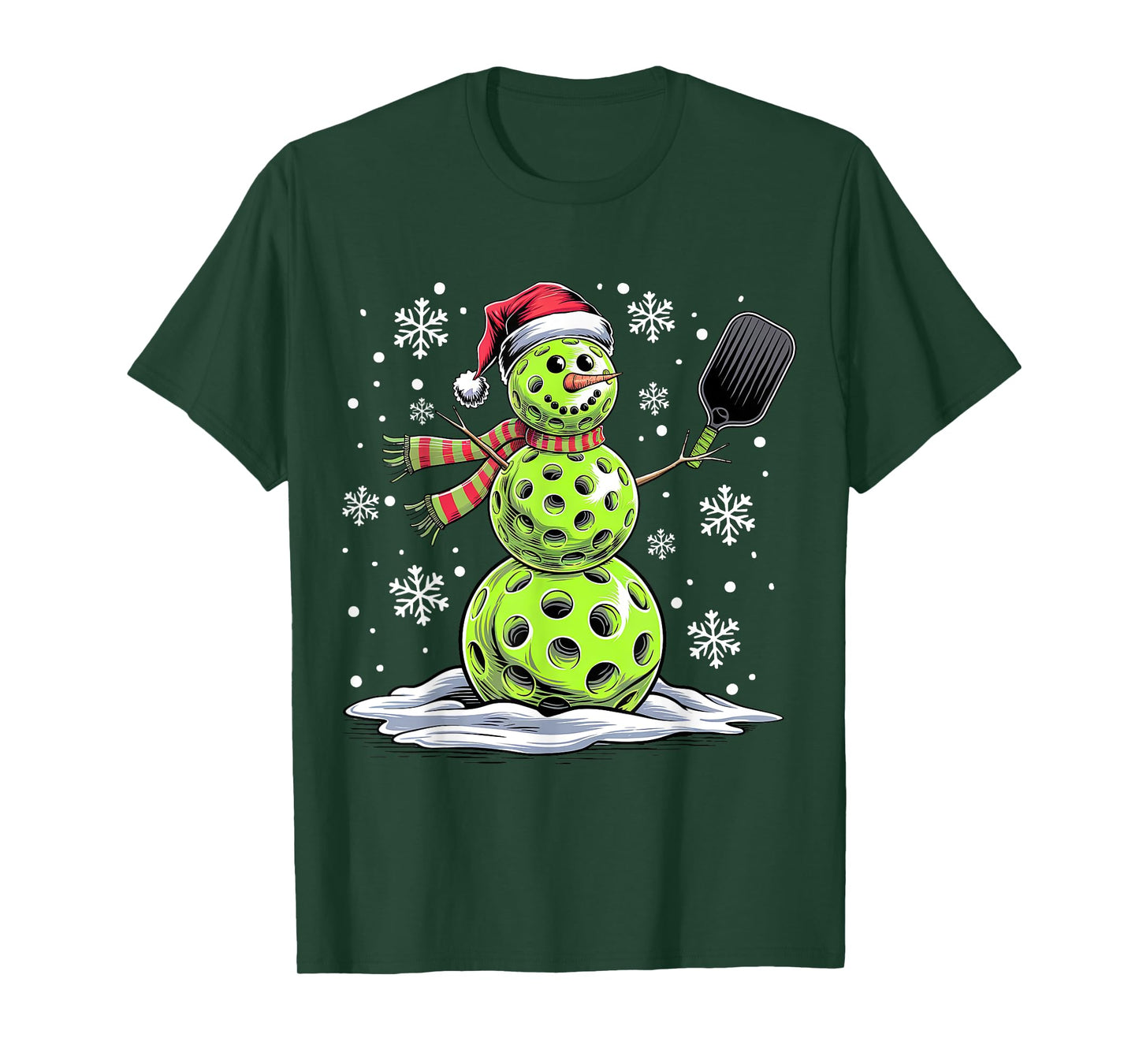 Pickleball Snowman Player Santa Hat Christmas Funny T-Shirt