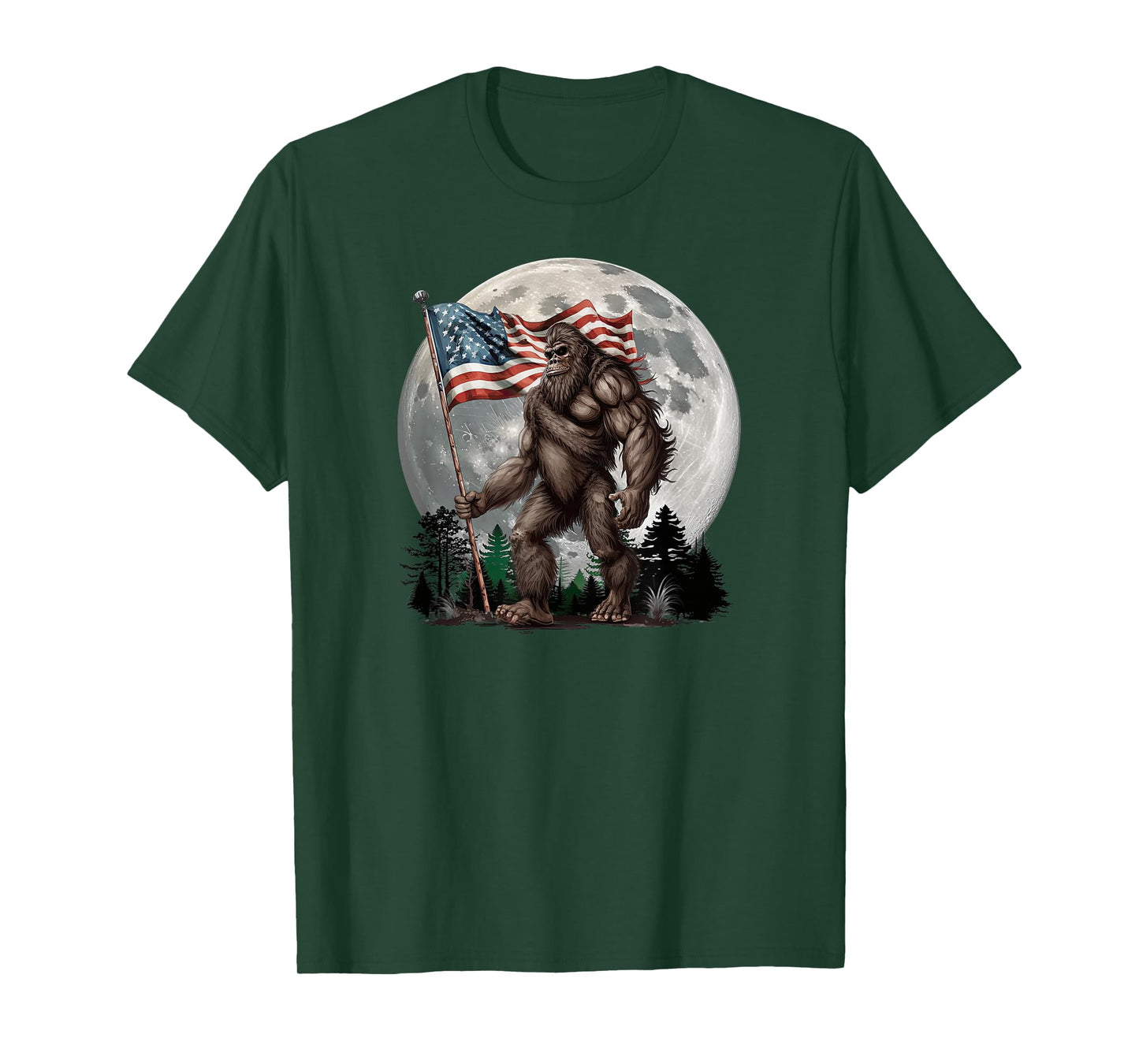 Bigfoot Sasquatch - American Flag Full Moon Patriotic T-Shirt