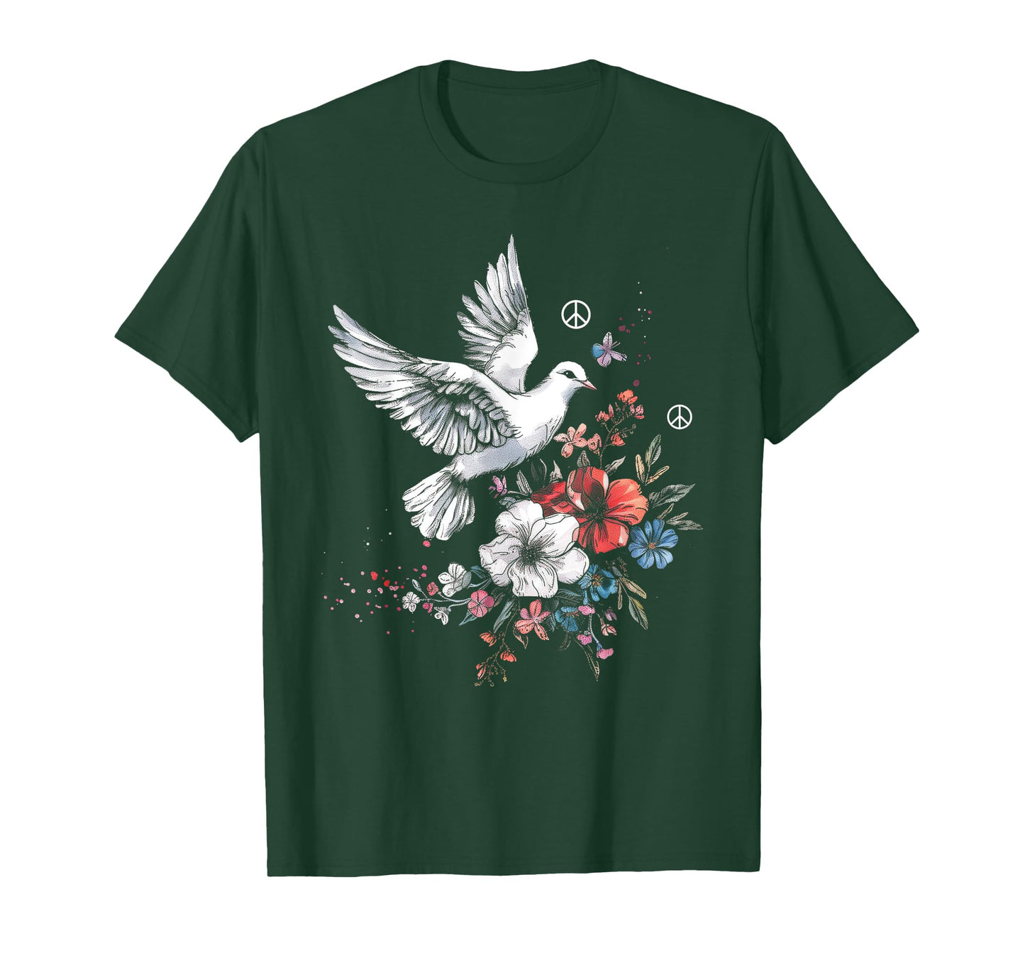 Peace Sign Dove White Pigeon Bird Vintage Flowers T-Shirt