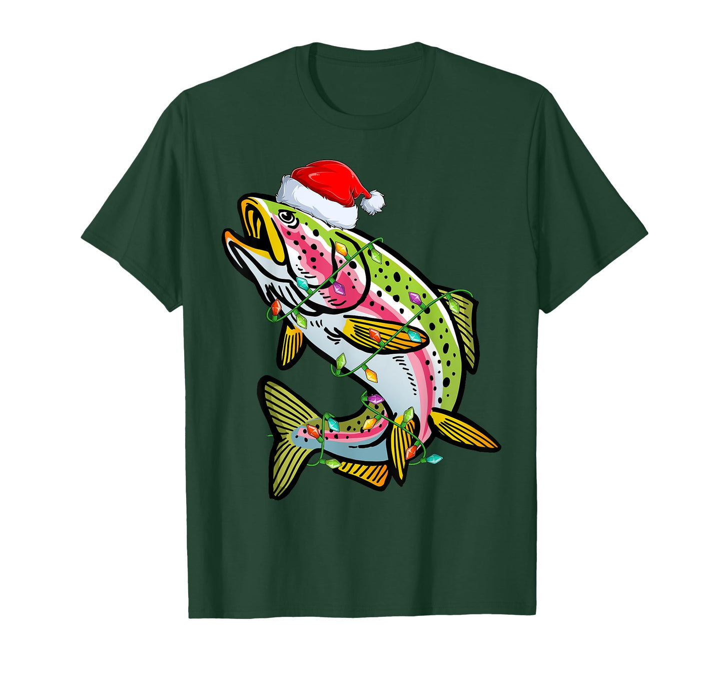 Xmas Lights Santa Hat Rainbow Trout Fish Christmas T-Shirt