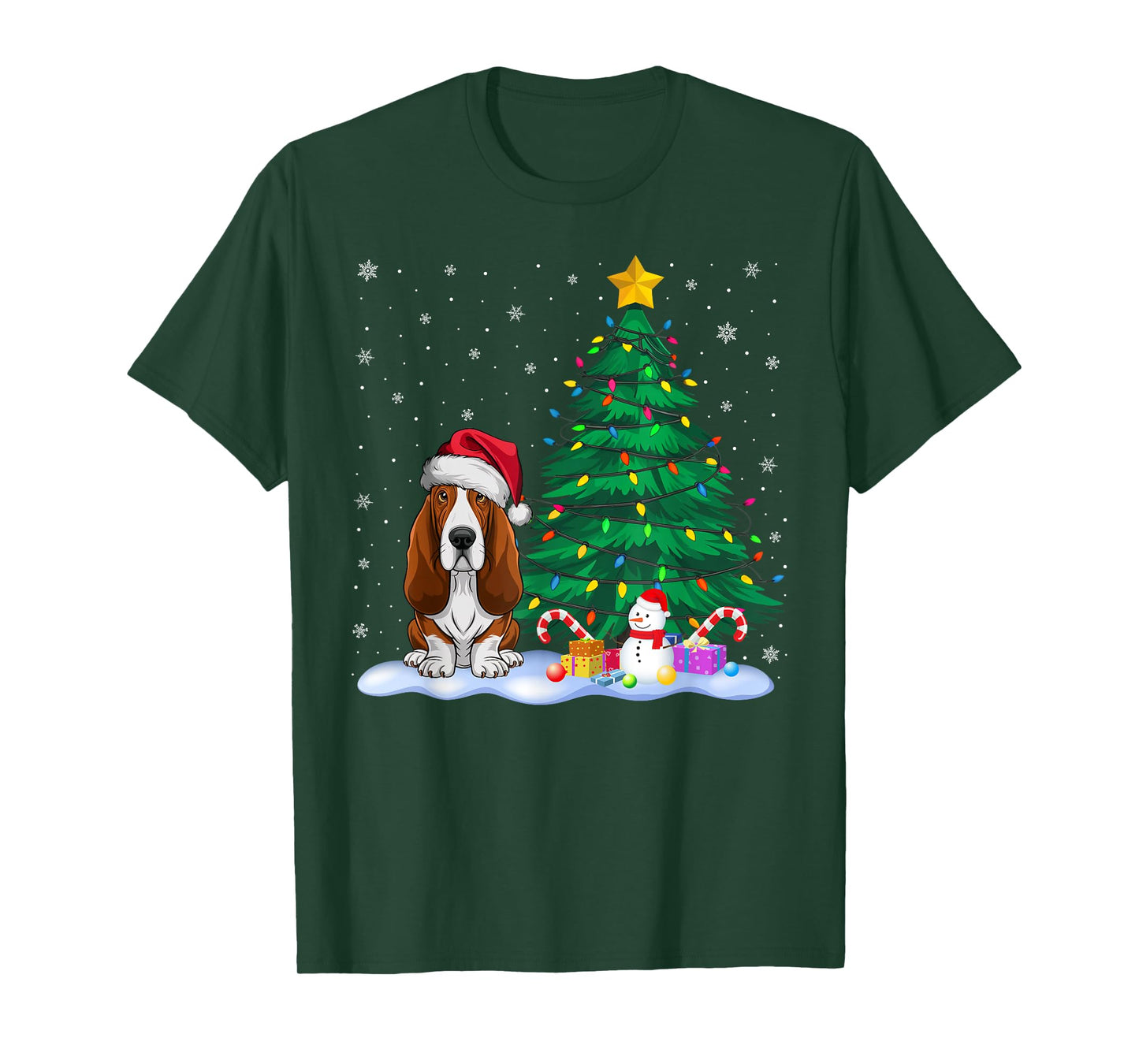 Basset Hound Dog Xmas Tree Lights Reindeer Hat Christmas T-Shirt for Men Women Kids