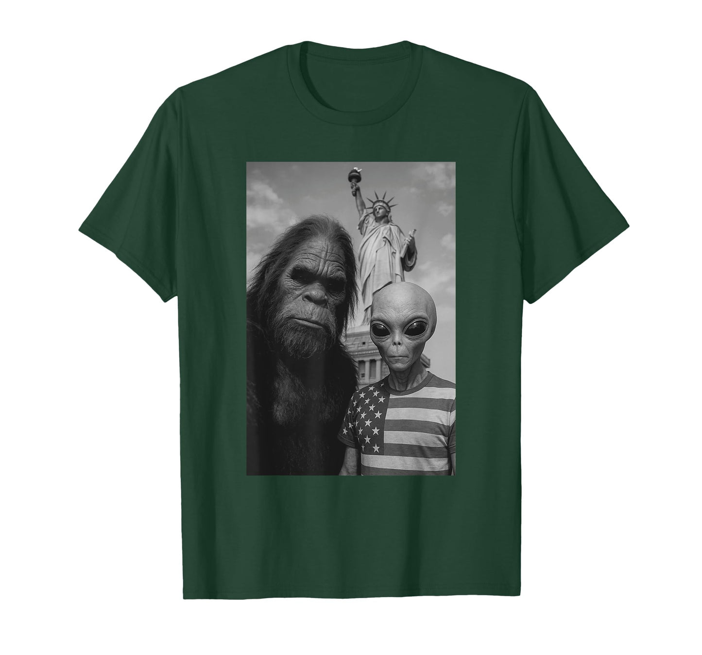 Retro Alien and Bigfoot Selfie Funny Alien Men Women T-Shirt