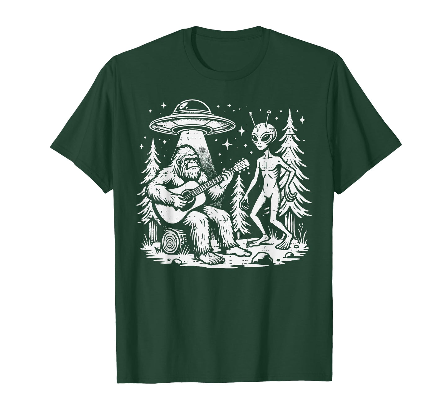 Sasquatch Guitar Alien Ufo Camping Bigfoot Women Men Kids T-Shirt