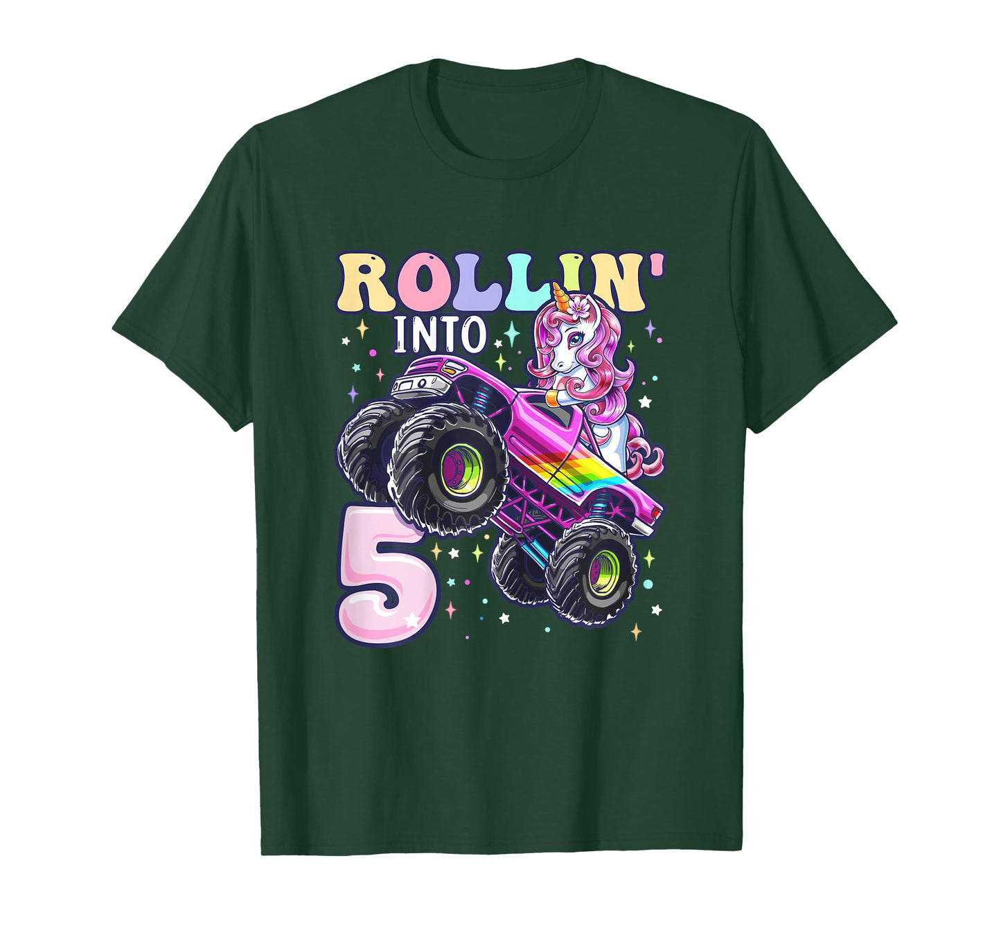 Unicorn Monster Truck 5th Birthday 5 Year Old Girls Party T-Shirt