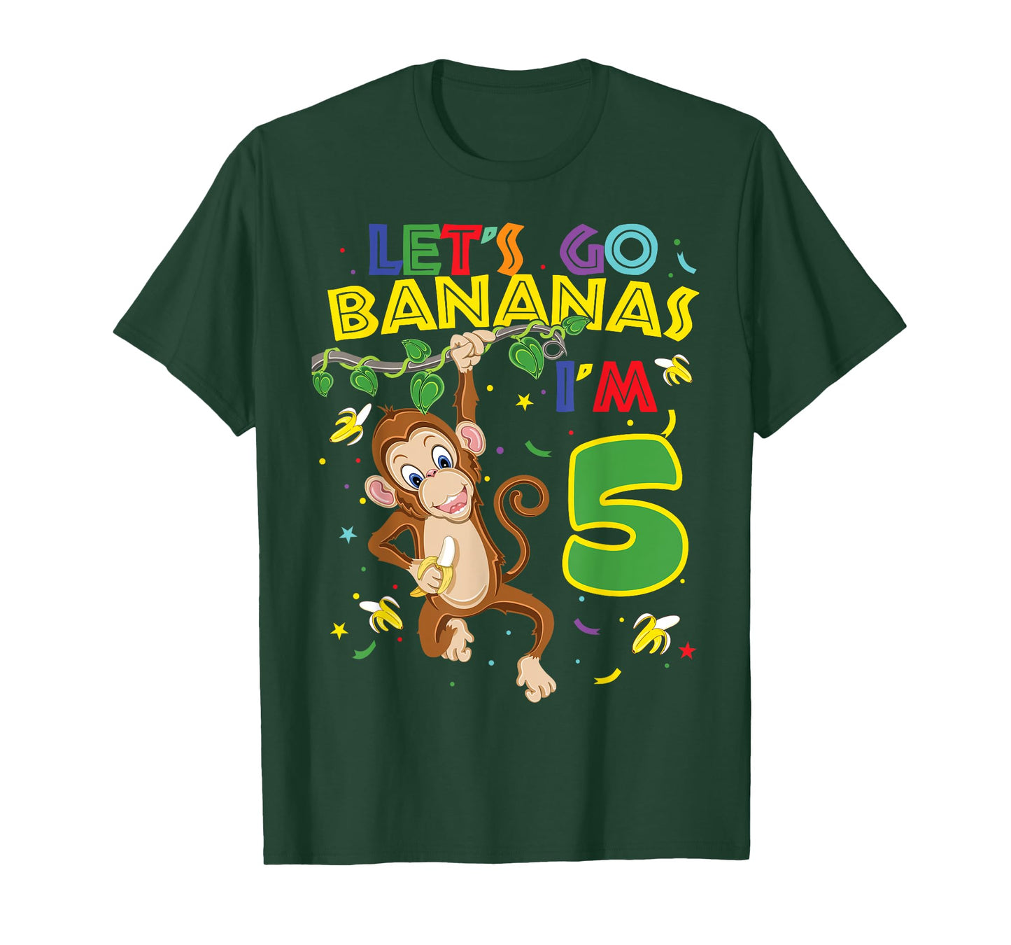 Kids Monkey 5th Birthday Zoo Let's Go Bananas I'm 5 T-Shirt