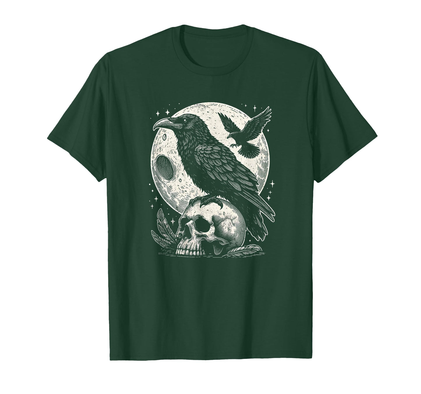 Gothic Raven Skull And Moon Art Crow Design T-Shirt