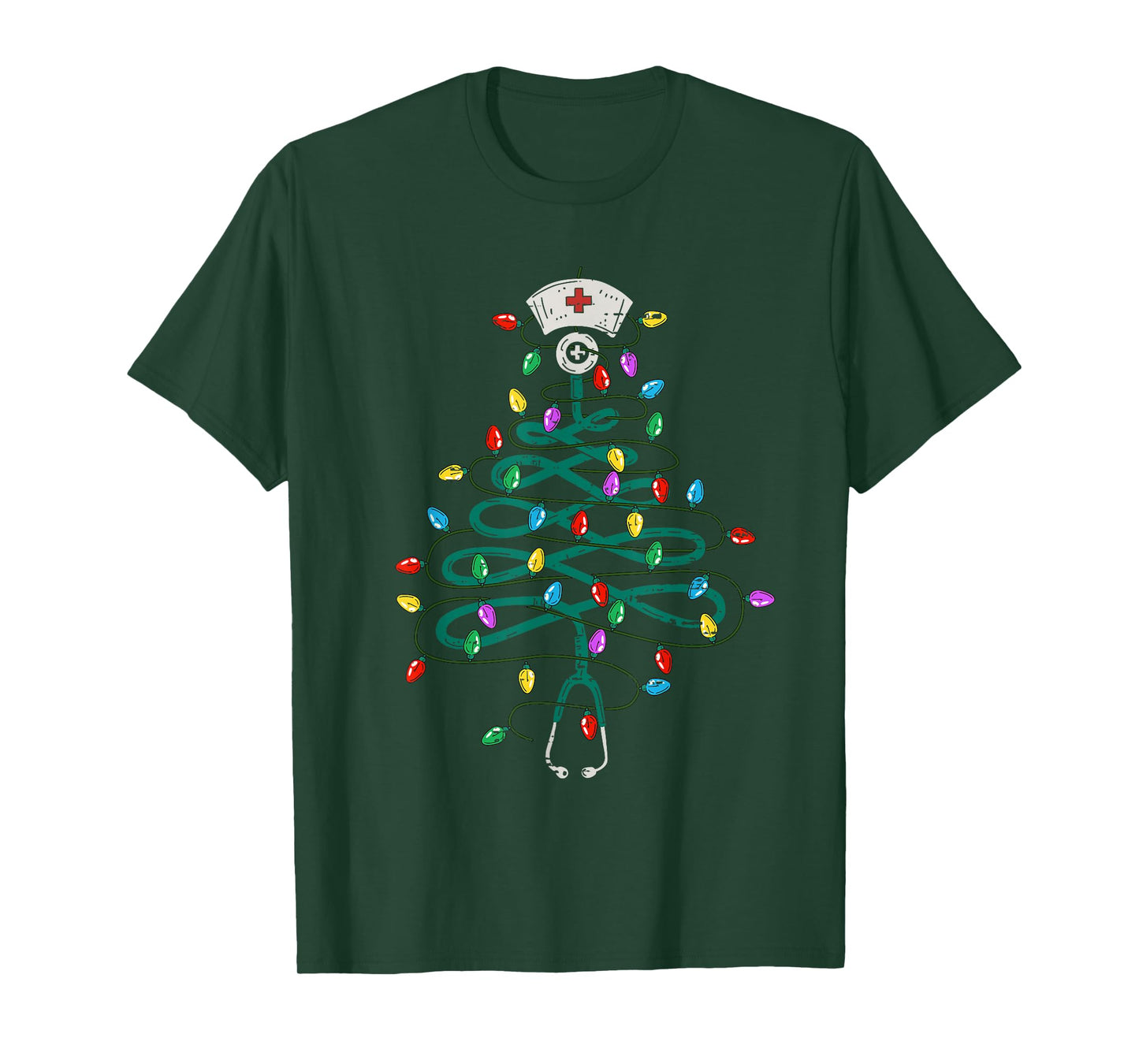 Stethoscope Christmas Tree Lights Nurse Christmas Scrub Top T-Shirt