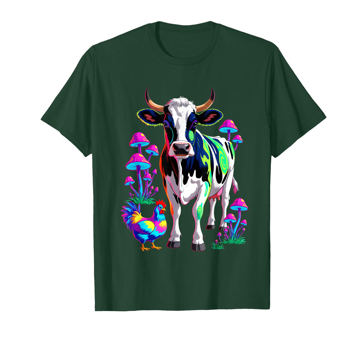 Psychedelic Cow Chicken Mushrooms Farm Animal Art T-Shirt