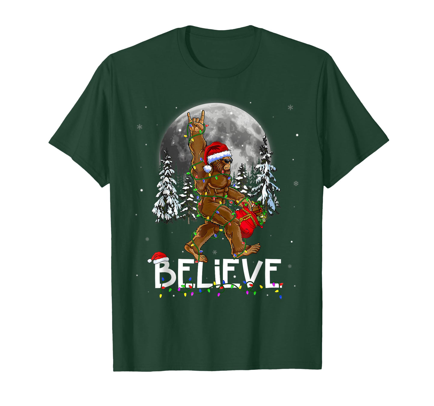 Santa Bigfoot Christmas Lights Funny Sasquatch Believe Xmas T-Shirt