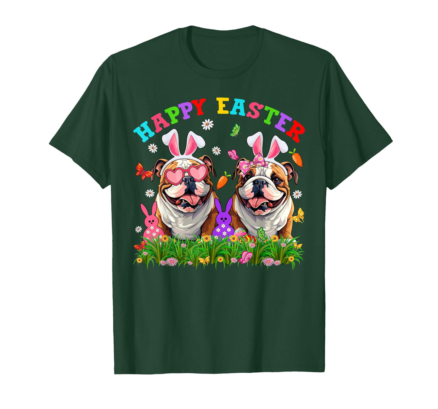Cute English Bulldog Dog & Bunny Ears Eggs Happy Easter Day T-Shirt for Men Women Girls Kids