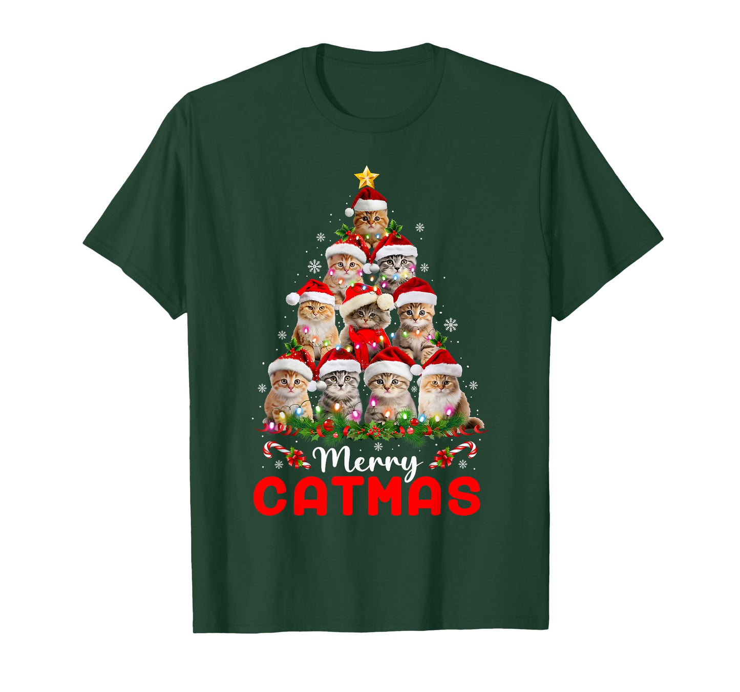 Meowy Catmas Cat Christmas Tree Lights Funny Xmas Pajamas T-Shirt