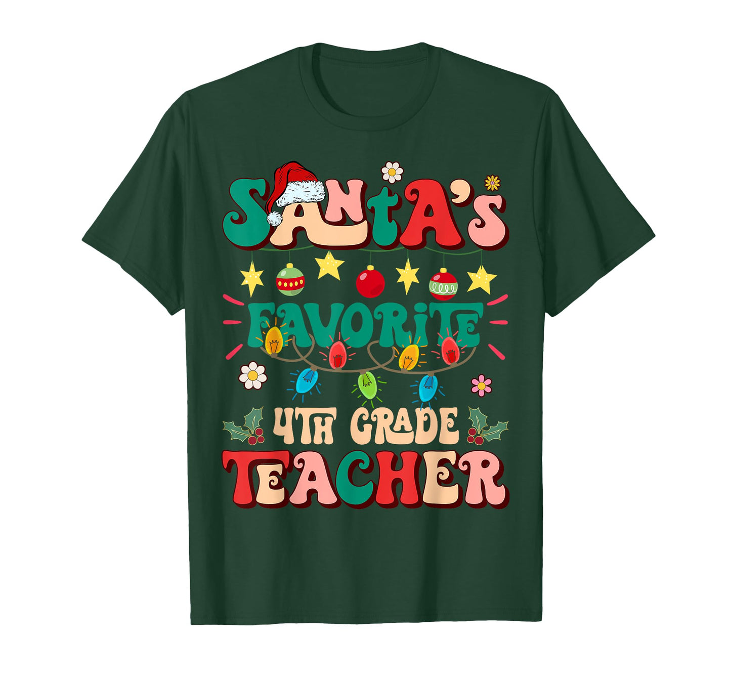 Retro Groovy Santa's Favorite 4th Grade Teacher Christmas T-Shirt