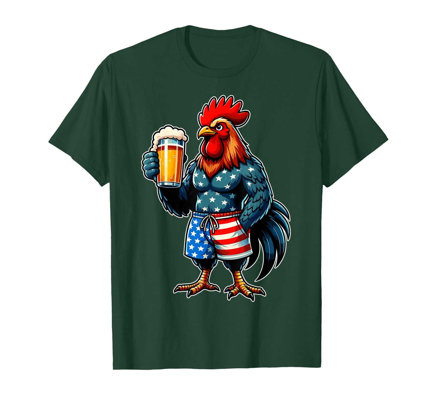 Chicken Holding Beer USA Flag Patriotic 4th of July Chicken T-Shirt