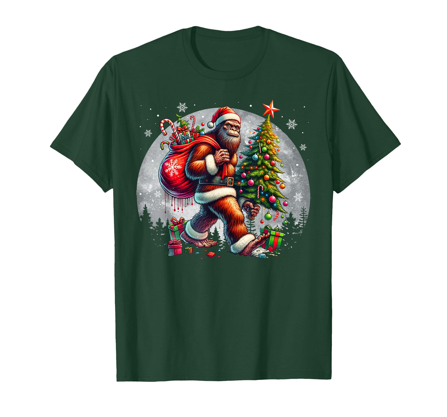 Santa Bigfoot Christmas Tree Xmas Lights Funny Sasquatch T-Shirt