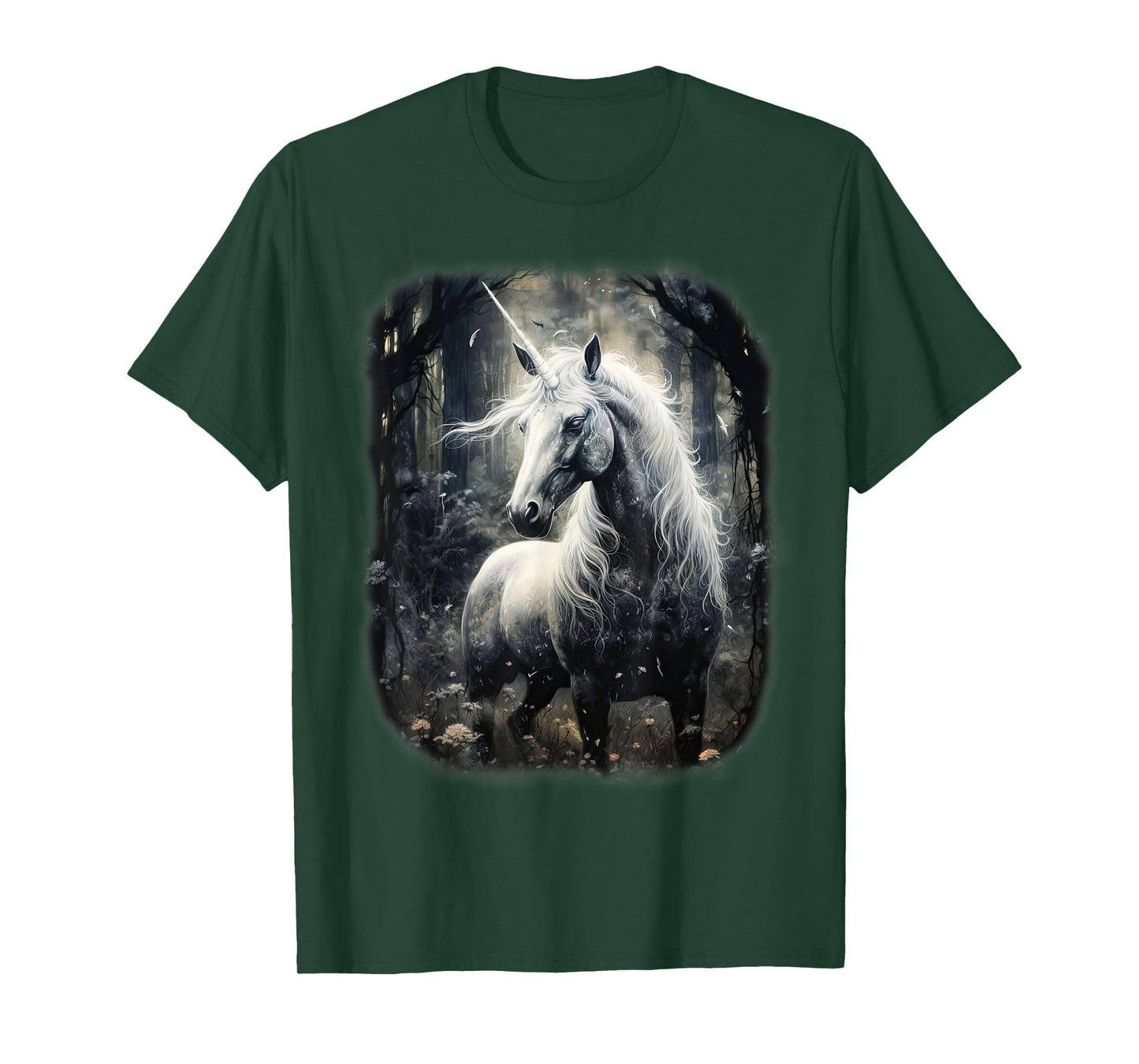 Fantasy white Unicorn standing in a Forest T-Shirt