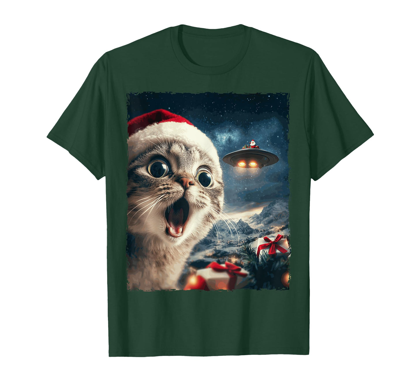 Funny Cat Selfie Santa Ufo Xmas Christmas Men Women Kids T-Shirt
