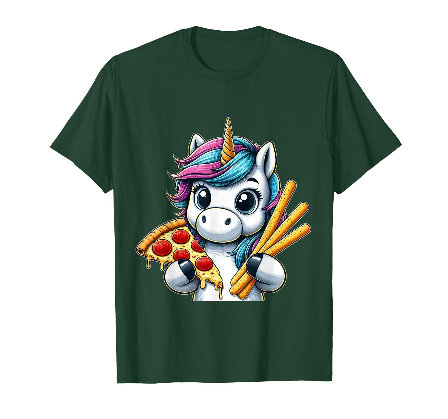 Unicorn Eating Pizza and Breadsticks Boys Girls Women Kids T-Shirt