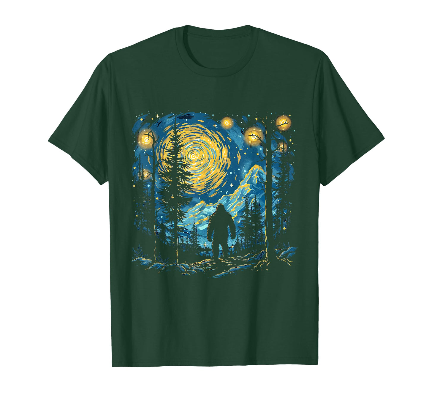 Funny Bigfoot Starry Night Sasquatch Van Gogh Sky Painting T-Shirt