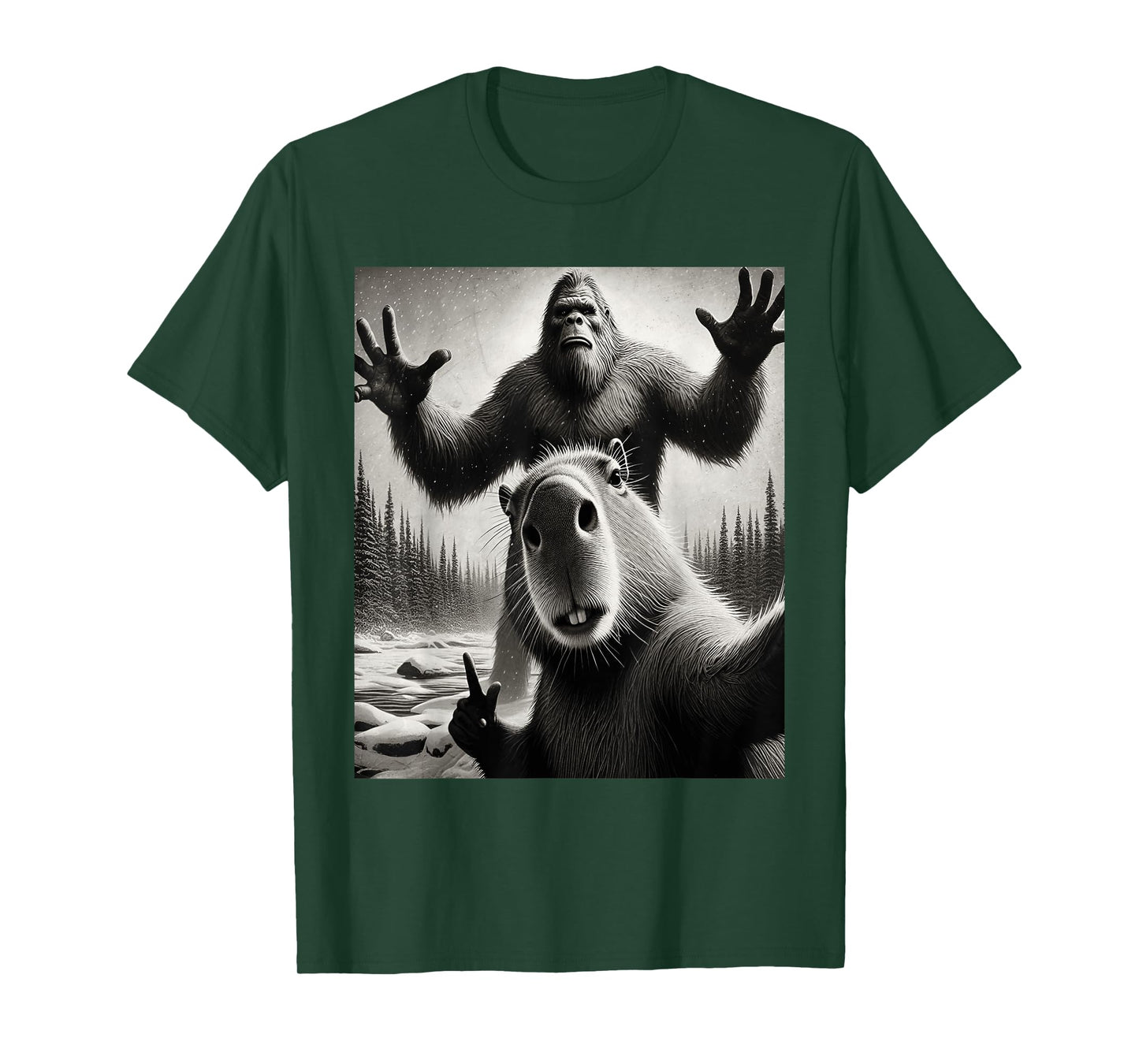 Funny Selfie Capybara Finds Bigfoot Sasquatch Photo T-Shirt