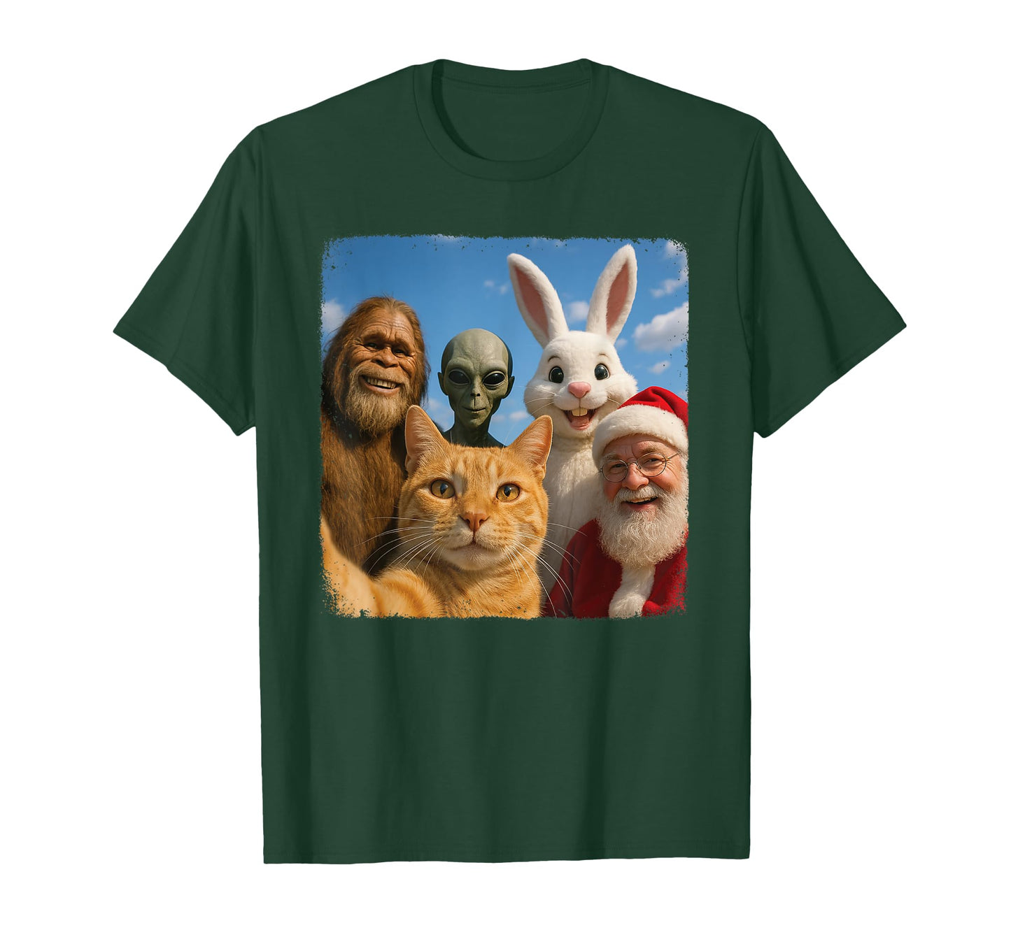 Cat Bigfoot Easter Bunny Alien Santa Selfie BFF Funny Photo T-Shirt for Men Women Kids