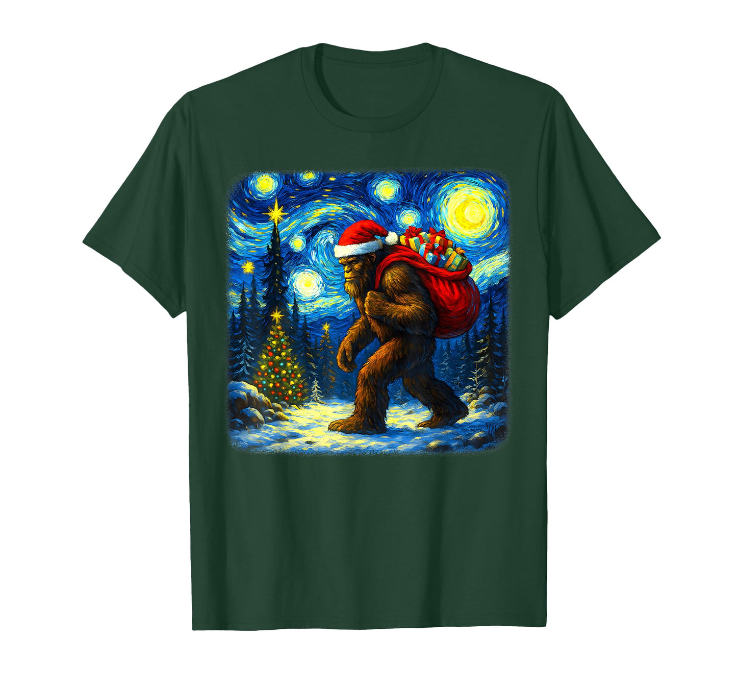Bigfoot Santa Christmas Starry Night Sasquatch Van Gogh Art T-Shirt