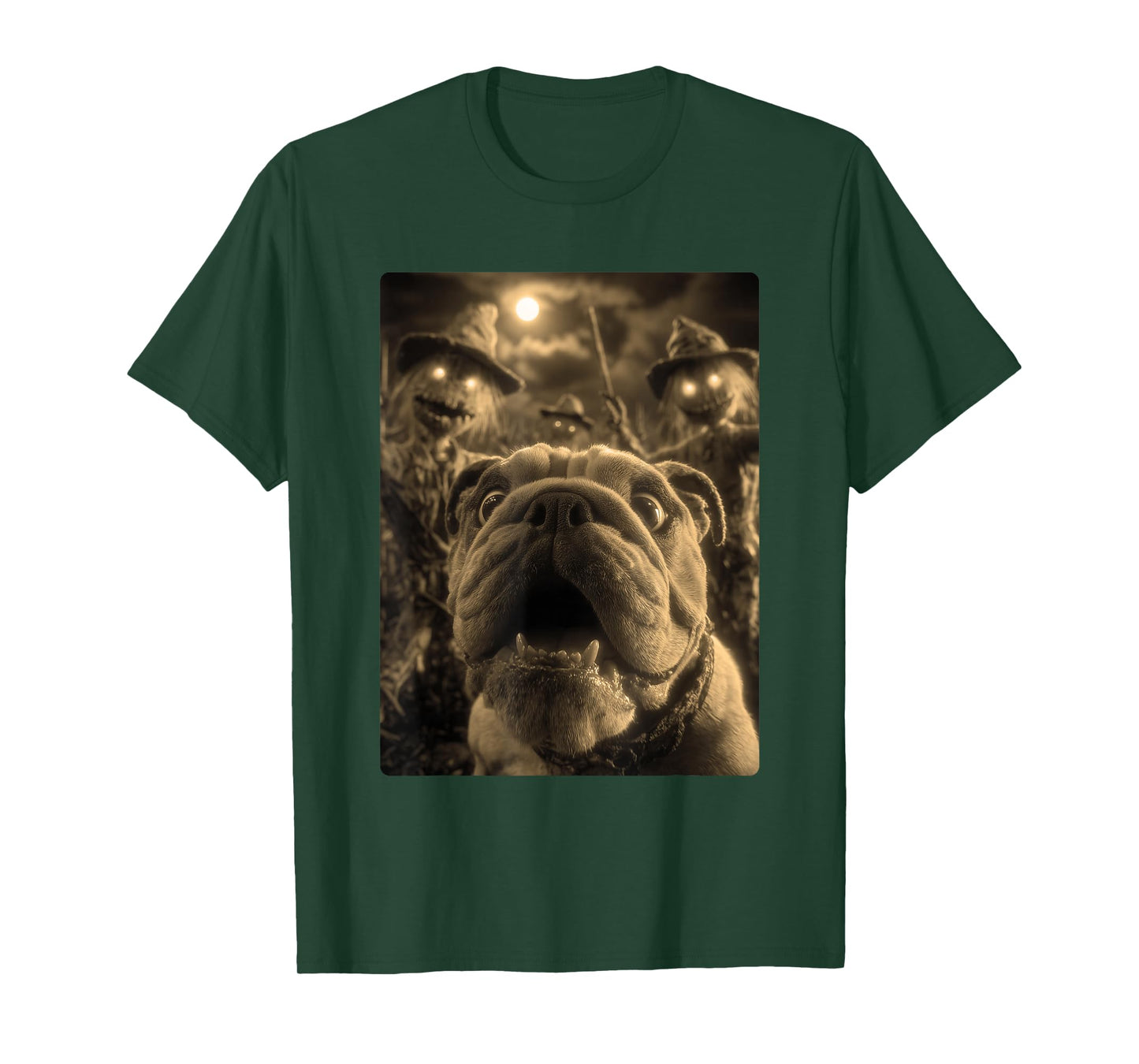 Vintage Bulldog Selfie with Spooky Scarecrows Halloween Dog T-Shirt