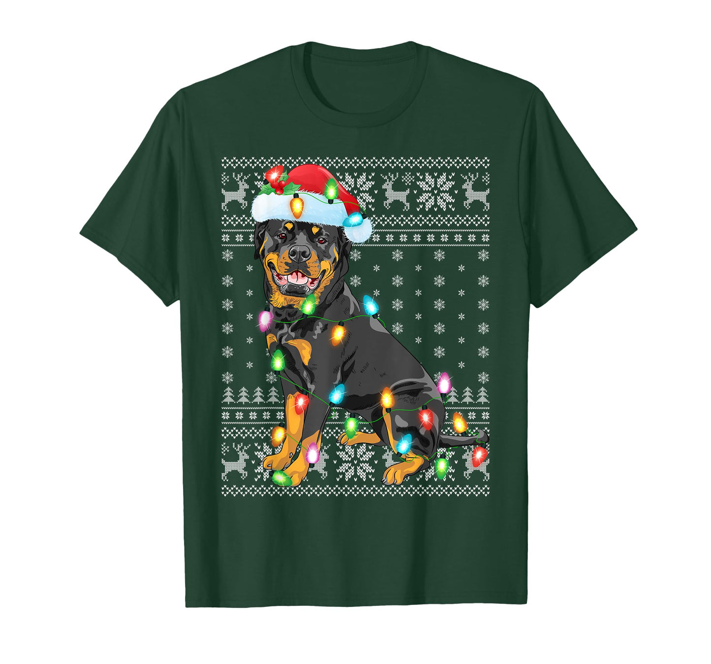 Ugly Sweater Xmas Lights Santa Hat Rottweiler Dog Christmas T-Shirt