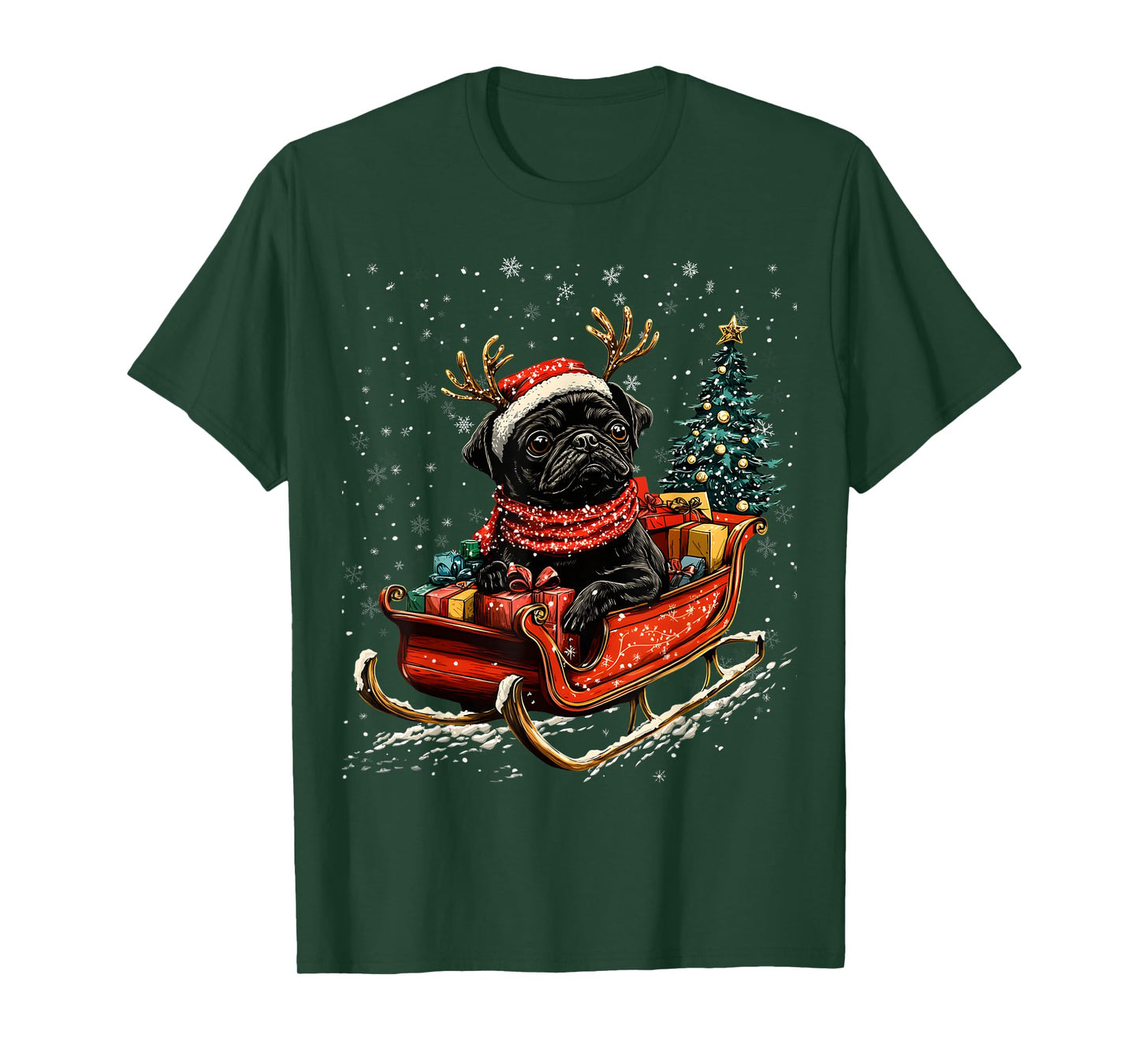 Santa Black Pug reindeer Light Christmas T-Shirt
