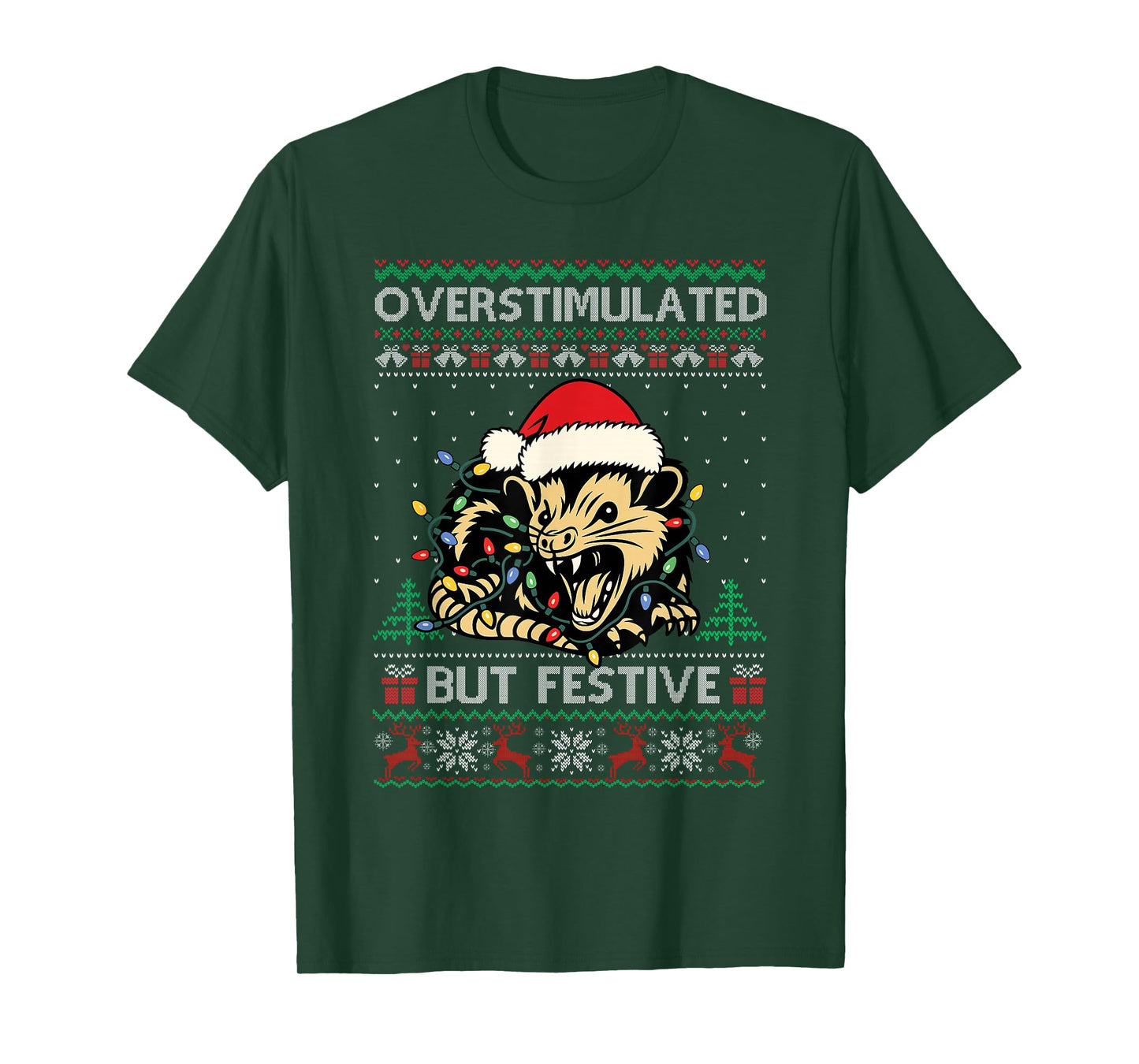Overstimulated But Festive Possum Christmas Pajamas Ugly T-Shirt