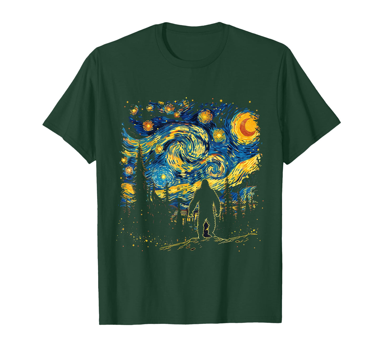 Funny Bigfoot Starry Night Sasquatch Van Gogh Sky Painting T-Shirt