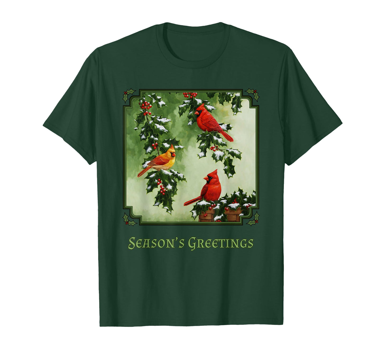 Red Cardinal Birds Christmas Holly Berries Leaves Snow T-Shirt