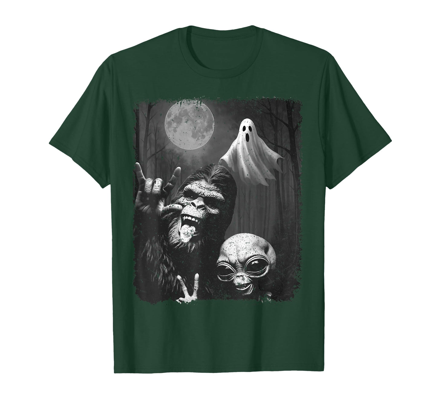 Funny Sasquatch & Alien Rock On Hand Sign Ghost Selfie T-Shirt