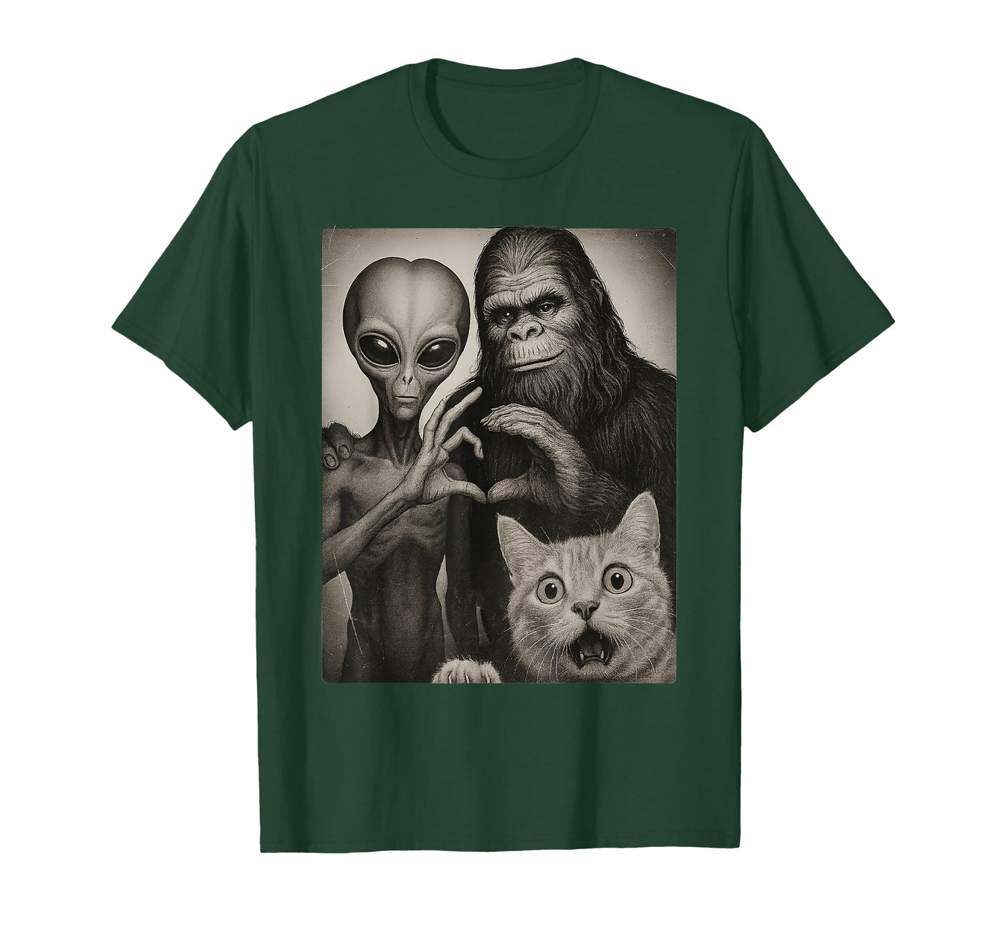 Funny Cat Selfie with Romantic Bigfoot in Love with Alien T-Shirt
