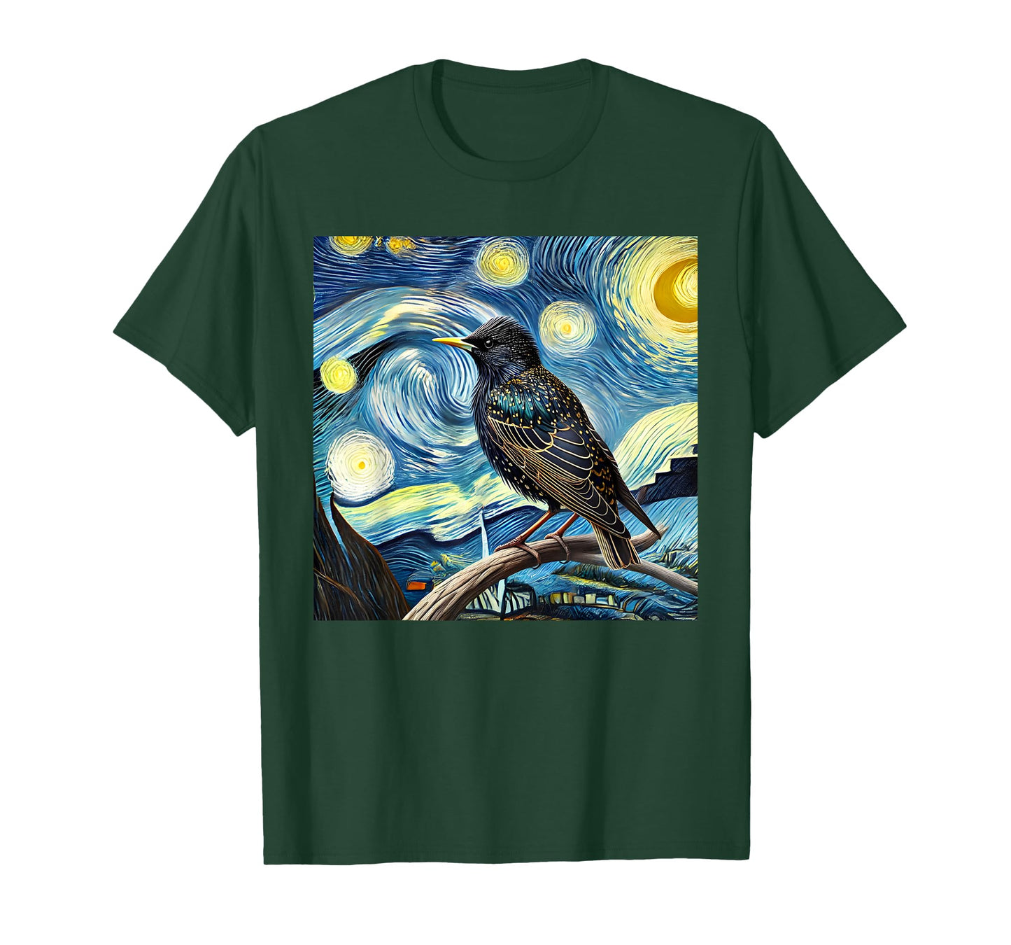 Common Starling Lover Bird Watching Birding Starry Night Art T-Shirt
